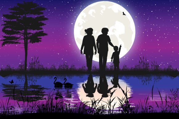 Cute Family Silhouette Landscape