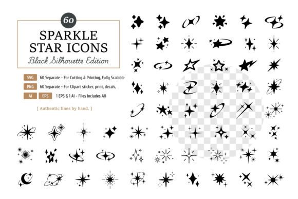 60 Black Silhouette Sparkle Star Icons
