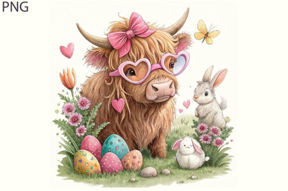 Easter Highland Cow PNG,Retro Easter PNG Easter Highland Cow PNG,Retro Easter PNG