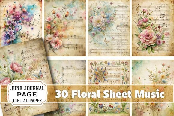 Floral Sheet Music Junk Journal Pages