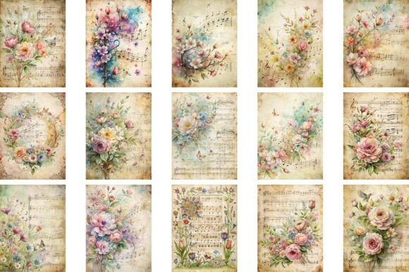 Floral Sheet Music Junk Journal Pages