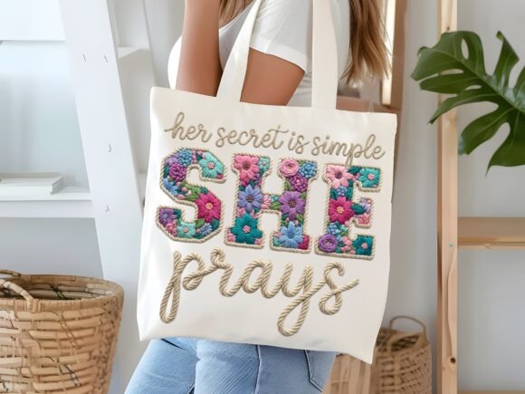 SHE Prays Faux Embroidery Christian Text SHE Prays Faux Embroidery Christian Text