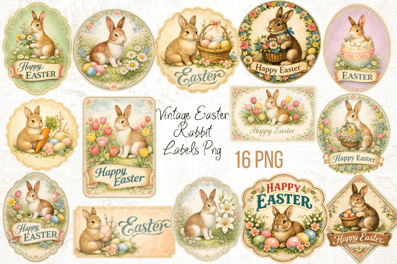 Vintage Easter Rabbit Labels PNG Vintage Easter Rabbit Labels PNG