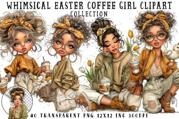 Whimsical Easter Coffee Girl Clipart Whimsical Easter Coffee Girl Clipart